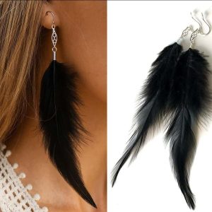Boucles D oreilles plumes noires naturelles losanges argent 925 artisanales