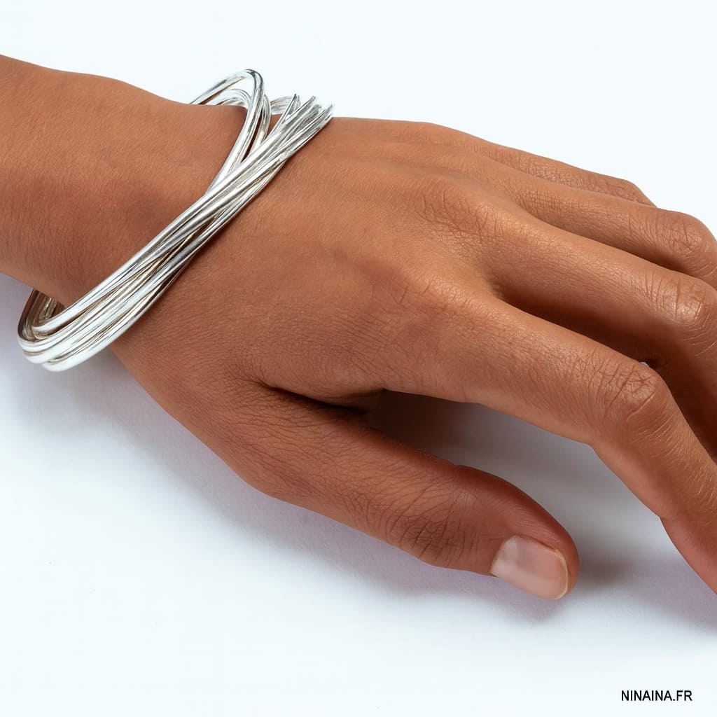 Bracelet Jonc Femme 10 Anneaux Entrelacés en Argent Plaqué – Élégance et Brillance Intemporelle – Image 4