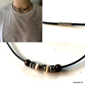 Collier perles de bois et Acier homme sur cordon cuir