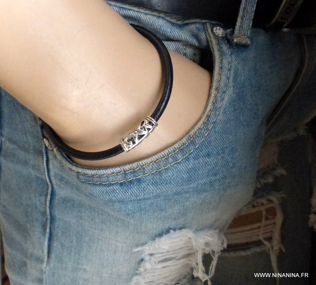 Bracelet cordon cuir homme et femme perle tube ciselée – Image 3