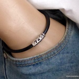 Bracelet cordon cuir homme et femme perle tube ciselée
