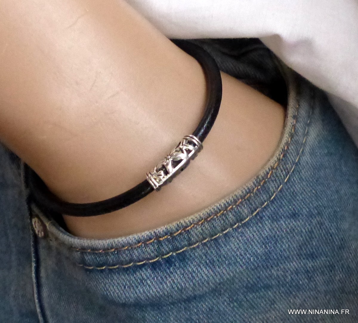 Bracelet cordon cuir homme et femme perle tube ciselée