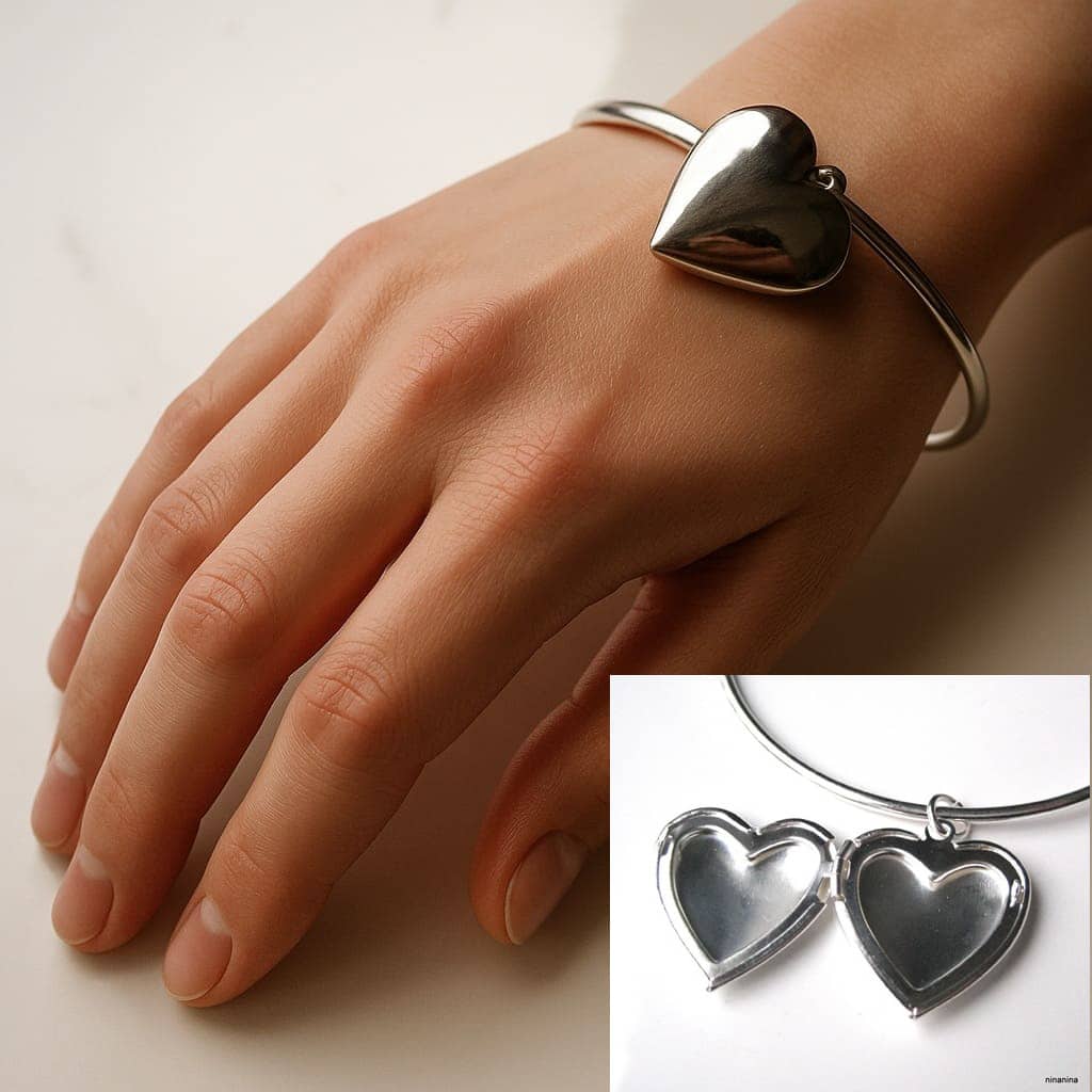 Bracelet Jonc Fin Femme avec Pendentif Cœur Porte Photo en Argent Plaqué – Bijou Artisanal et Sentimental – Image 9