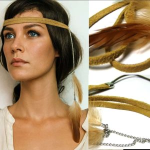 Headband Gipsy Lanière En Daim Véritable Et Plumes Naturelles Femme