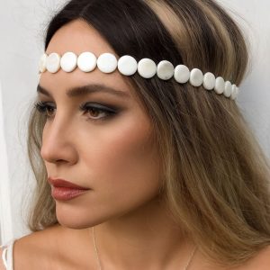 Headband blanc femme perles rondes plates de nacre blanche