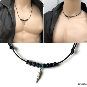 Collier plume homme sur cordon cuir ajustable