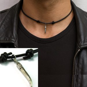 Collier cordon cuir homme réglable pendentif corne argentée artisanal