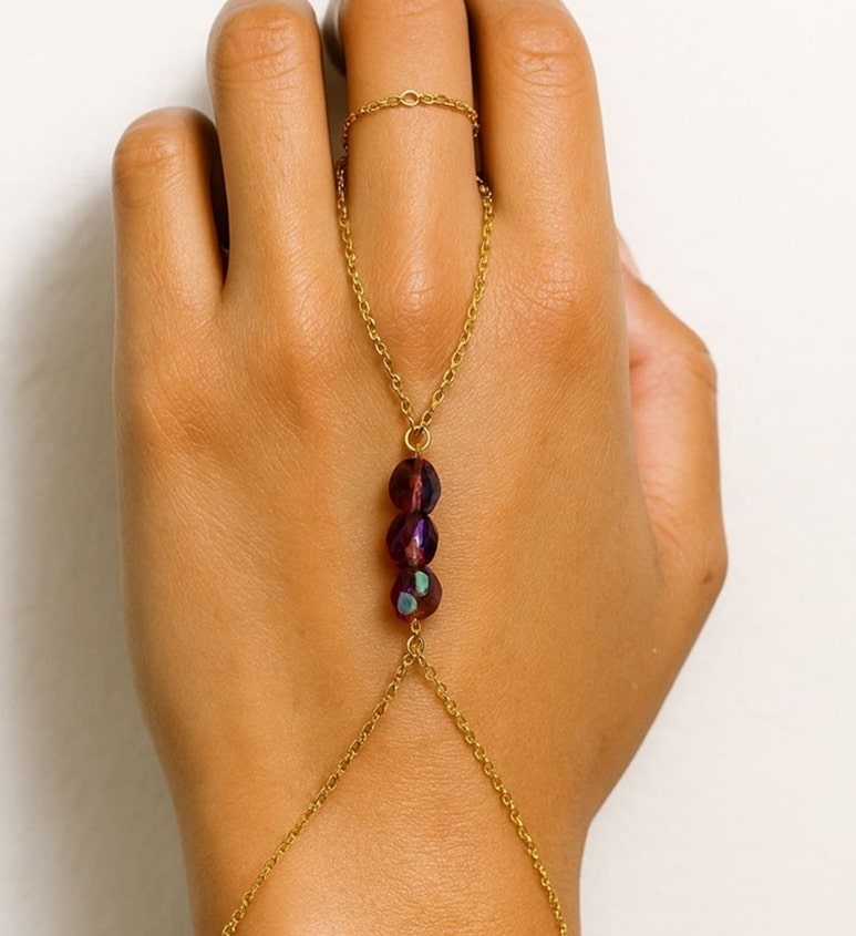 Bague et Bracelet Swarovski doré – Chaine de main artisanale plaqué or cristal mauve ou bleu zircon – Image 7