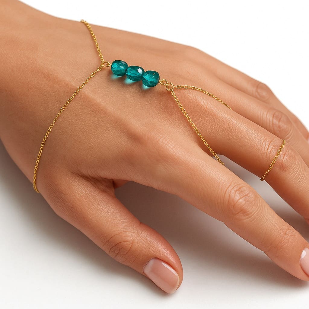 Bague et Bracelet Swarovski doré – Chaine de main artisanale plaqué or cristal mauve ou bleu zircon – Image 3