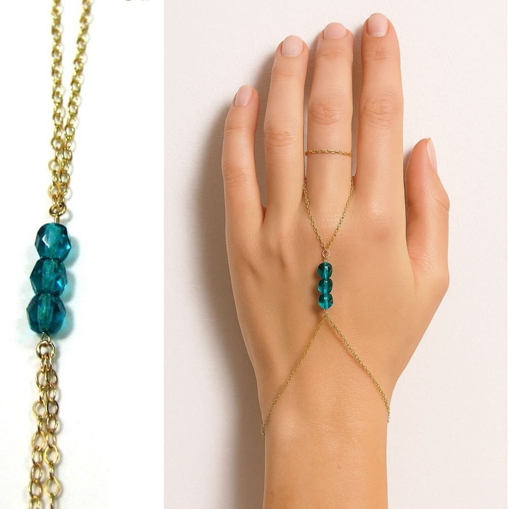 Bague et Bracelet Swarovski doré – Chaine de main artisanale plaqué or cristal mauve ou bleu zircon – Image 6