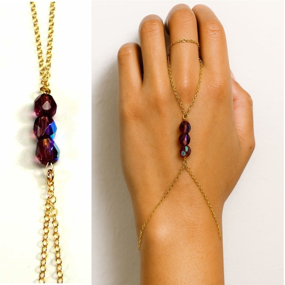 Bague et Bracelet Swarovski doré – Chaine de main artisanale plaqué or cristal mauve ou bleu zircon