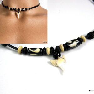 Collier dent de requin surfeur homme cordon cuir coulissant