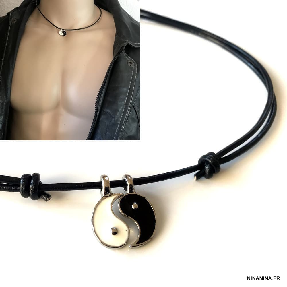 Collier yin et yang blanc et noir cordon cuir réglable – Image 2