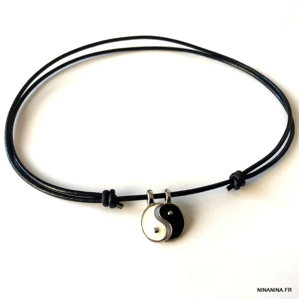 Collier yin et yang blanc et noir cordon cuir réglable – Image 6