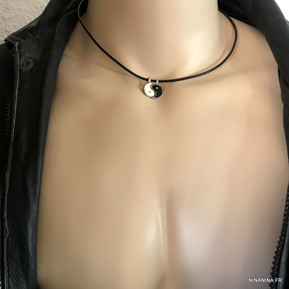 Collier yin et yang blanc et noir cordon cuir réglable – Image 7