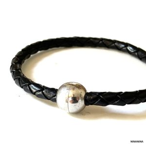 Bracelet Boule Homme Acier Inoxydable Cuir Tressé