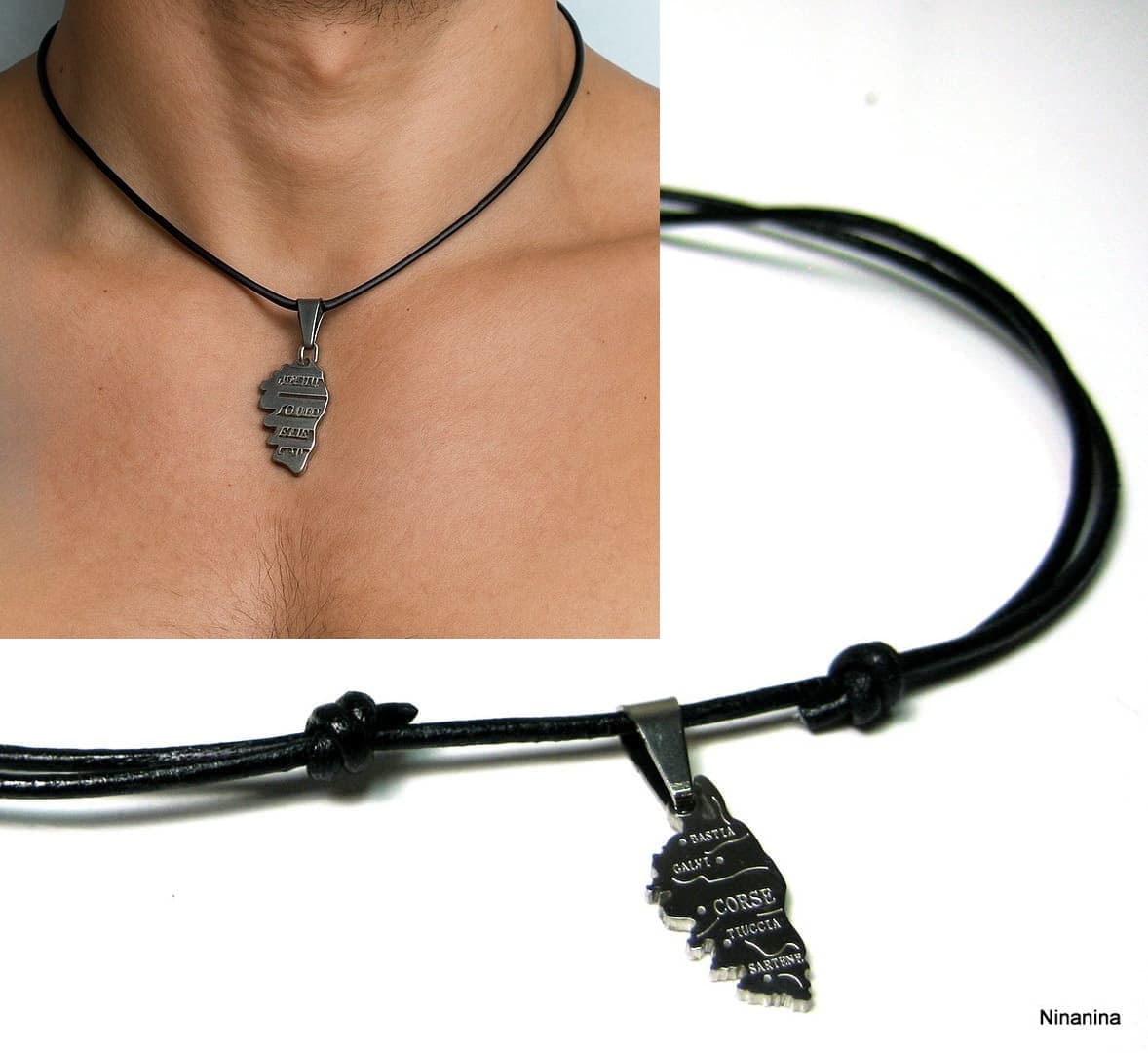 Collier homme cordon cuir noeud coulissant artisanal – pendentif Corse Acier argenté réglable – Image 2