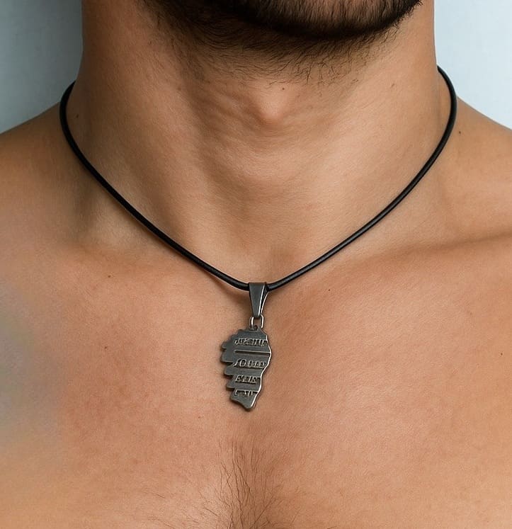 Collier homme cordon cuir noeud coulissant artisanal – pendentif Corse Acier argenté réglable – Image 6