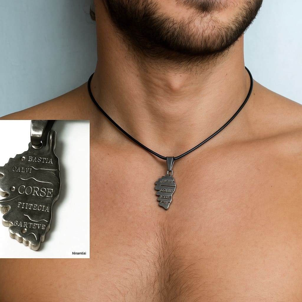 Collier homme cordon cuir noeud coulissant artisanal – pendentif Corse Acier argenté réglable – Image 4