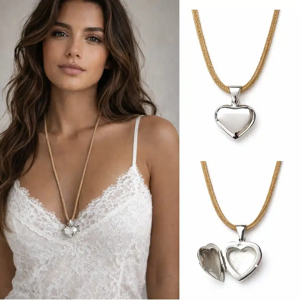 Collier coeur porte photo Argent artisanal pour femme lacet cuir avec pendentif qui s’ouvre