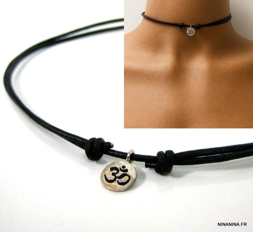 Collier Cordon Cuir Homme artisanal avec médaille ronde symbole Ohm en Argent 925 massif – Image 3