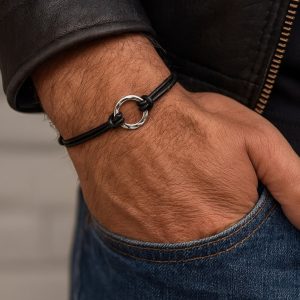 Bracelet anneau Argent 925 massif martelé homme cordon artisanal