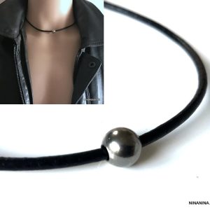 Collier boule homme cuir Acier inoxydable argent