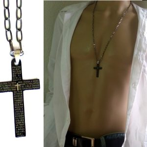 Collier croix acier inoxydable noir homme long