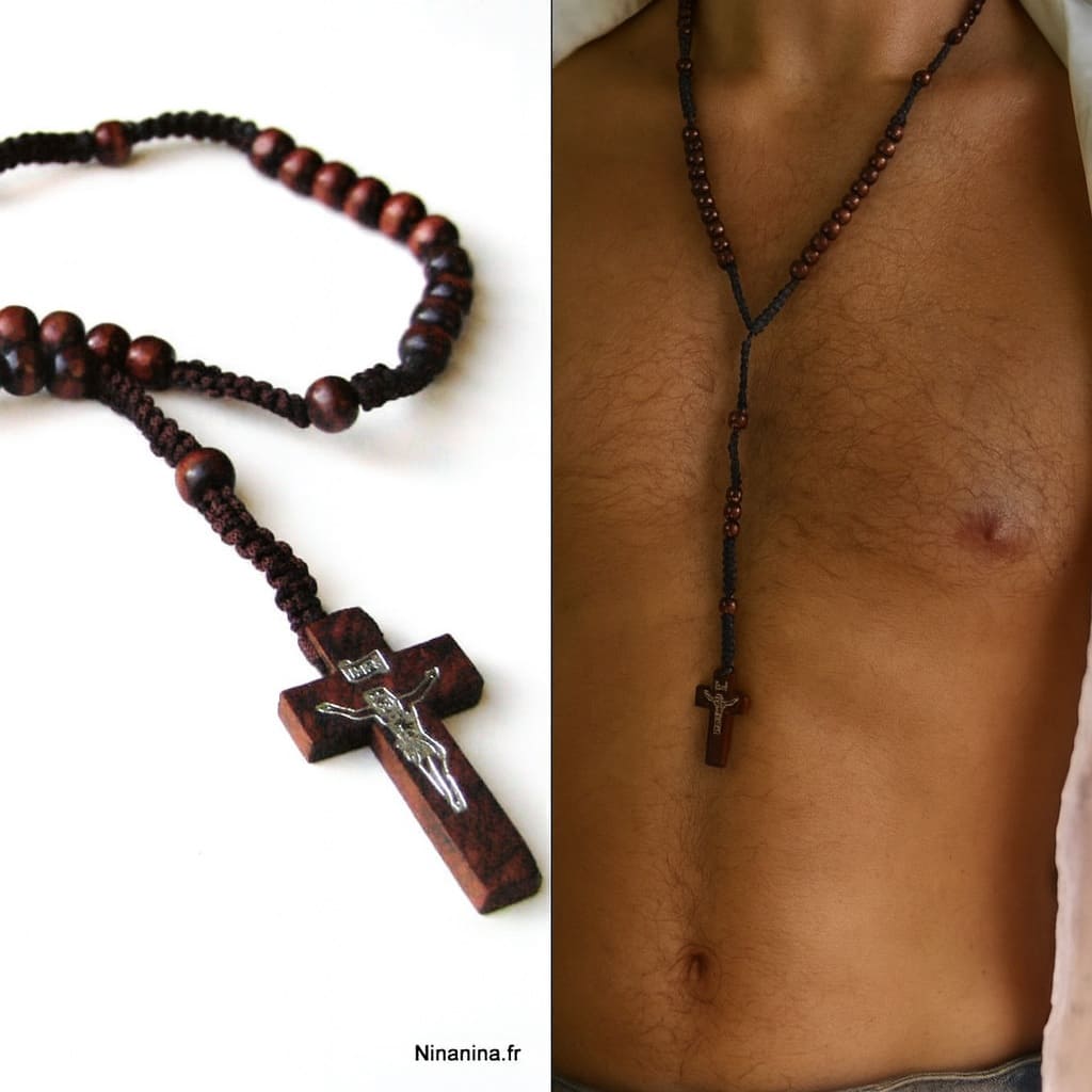 Collier Chapelet homme pendentif croix chrétienne et perles en bois marron – Image 2