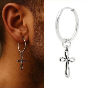 Boucle D’Oreille Créole Homme Pendentif Croix Celtique Stylisée Et Ajourée en Argent 925