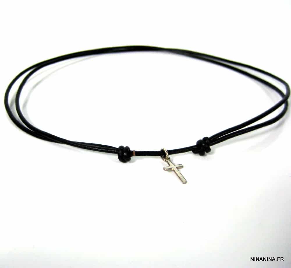Collier croix homme cordon cuir artisanal avec noeuds coulissants réglables – Pendentif Argent 925 – Image 3