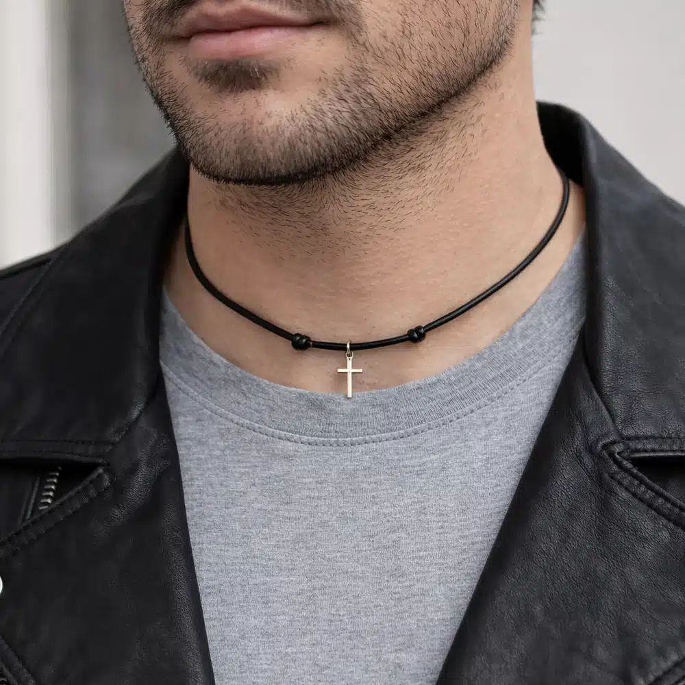 Collier croix homme cordon cuir artisanal avec noeuds coulissants réglables – Pendentif Argent 925 – Image 4