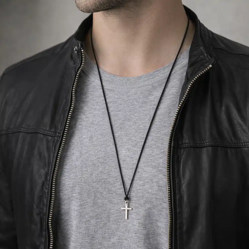 Collier croix homme cordon cuir artisanal avec noeuds coulissants réglables – Pendentif Argent 925 – Image 5
