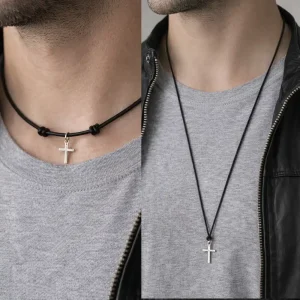 Collier croix homme cordon cuir artisanal avec noeuds coulissants réglables – Pendentif Argent 925