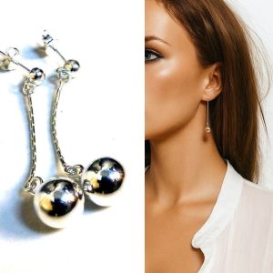 Boucles d’oreilles boule en argent 925 massif – Chaînettes pendantes artisanales pour femme