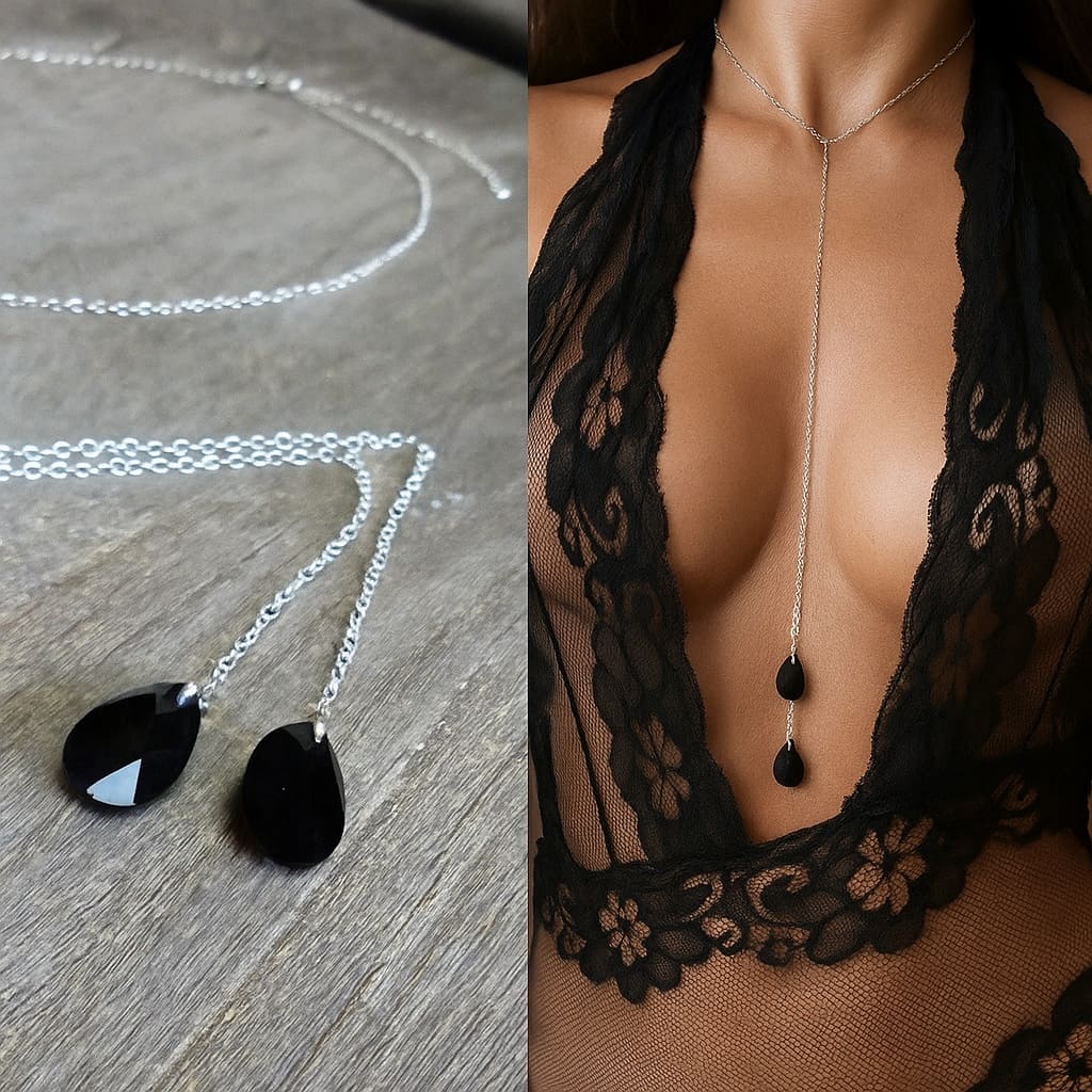 Collier femme swarovski artisanal- Sautoir gouttes noires en cristal sur chainette Argent 925 – Image 9