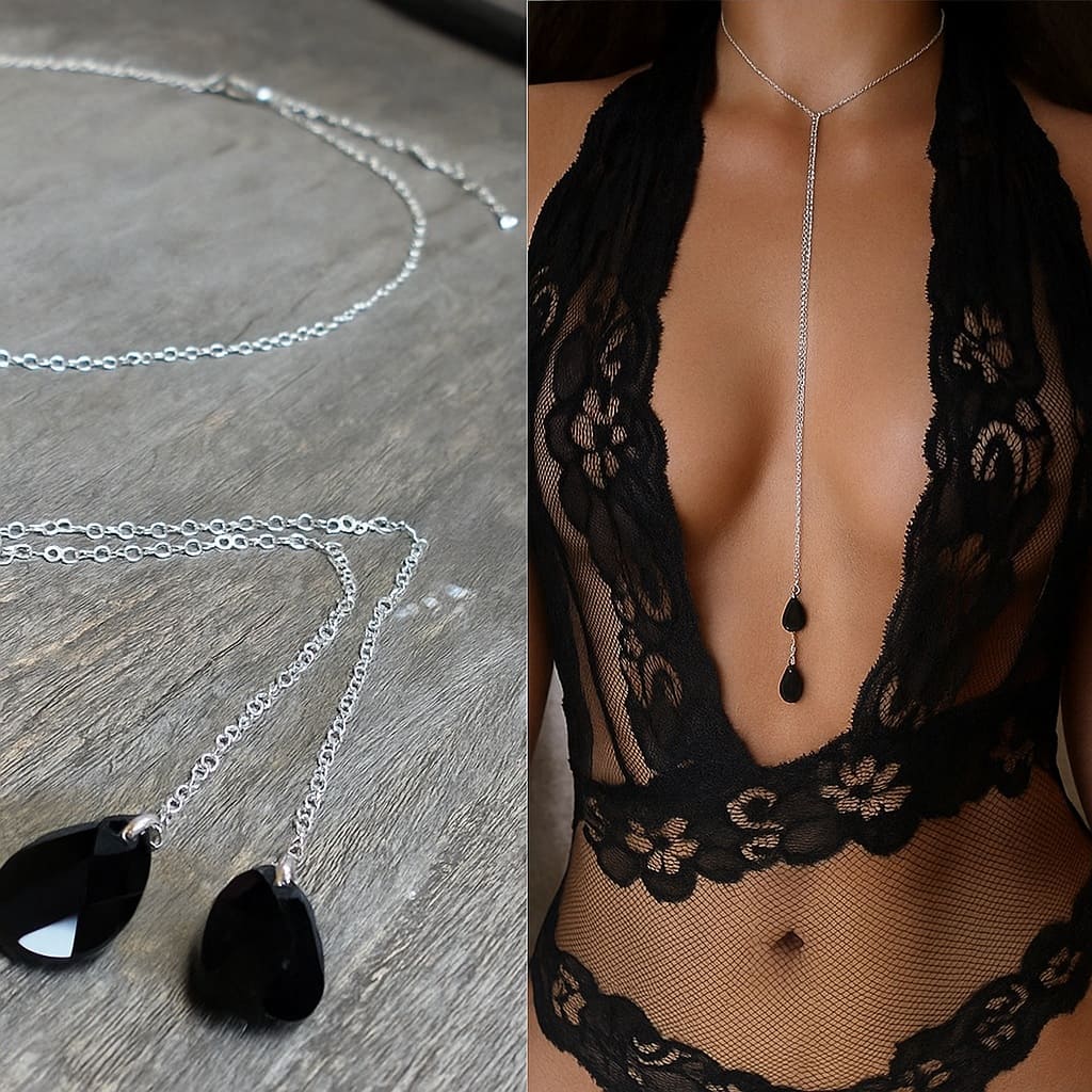 Collier femme swarovski artisanal- Sautoir gouttes noires en cristal sur chainette Argent 925 – Image 6