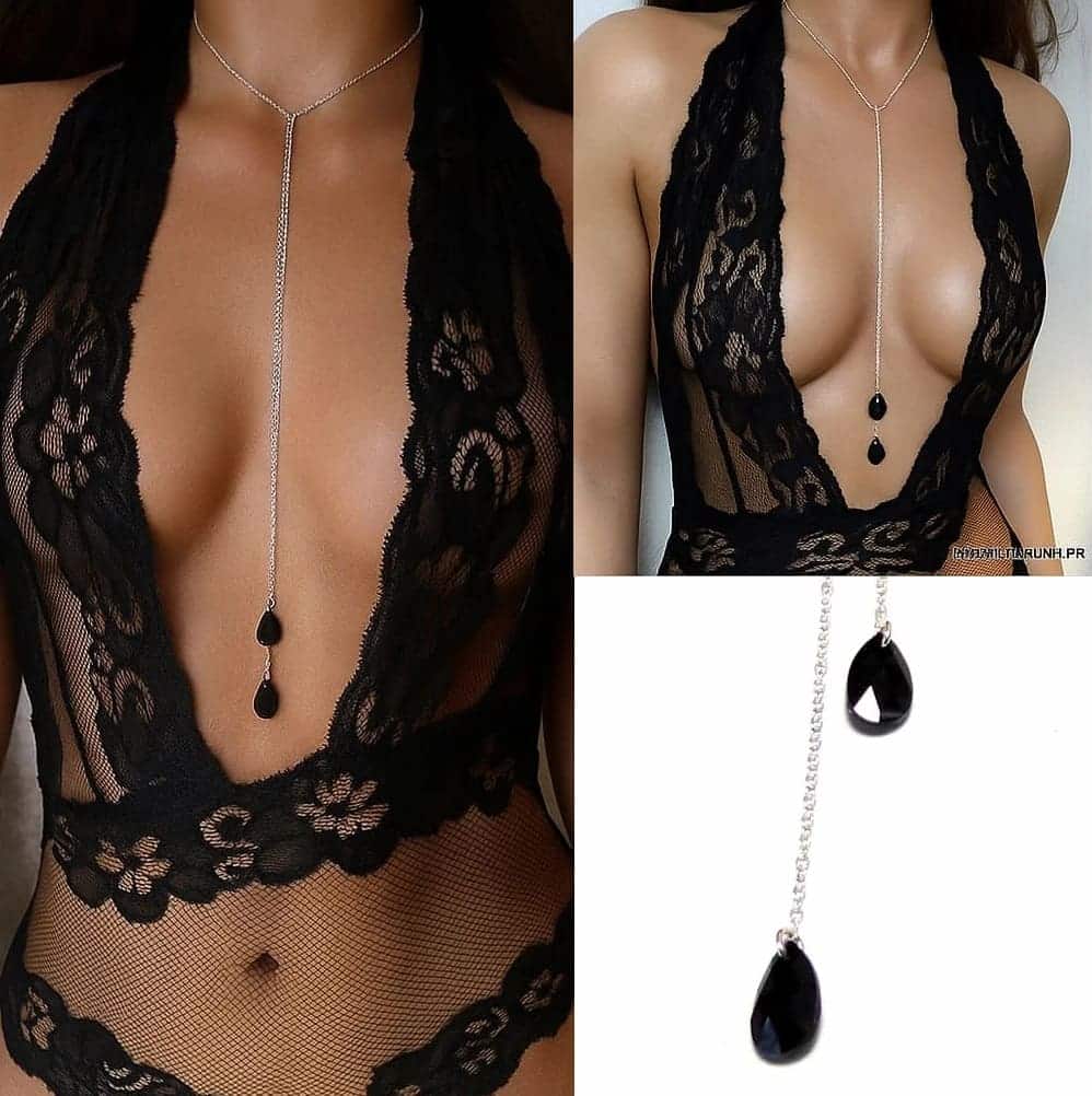 Collier femme swarovski artisanal- Sautoir gouttes noires en cristal sur chainette Argent 925 – Image 2