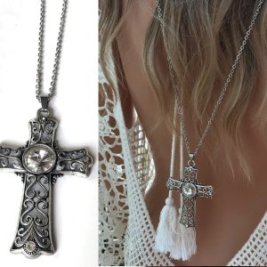 Sautoir croix fantaisie – Collier de dos long pendentif croix