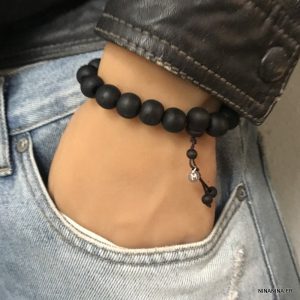 Bracelet bois personnalisé perle noire et argent