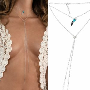 Collier Double Rang Argent 925 Artisanal – Pendentif Plume et Perle Ronde en Turquoise Véritable