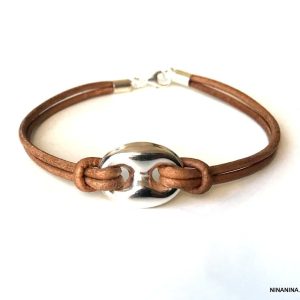 Bracelet grain de café Argent 925 massif cordon cuir