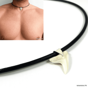 Collier cordon cuir pendentif dent de requin véritable et belière Argent 925