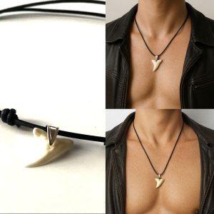 Collier homme tribal cuir pendentif de requin Acier Argent