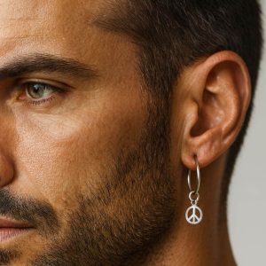 Boucle D’Oreille Créole Homme Breloque Peace Argent 925 massif