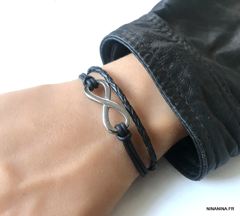 Bracelet cuir infini femme ou homme Acier Inoxydable argenté – Image 7