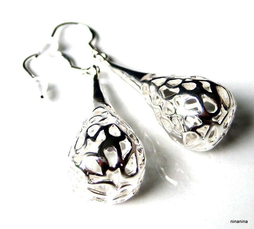 Boucles d’oreilles gouttes argent plaqué filigrané – Bijou artisanal pour femme – Image 3