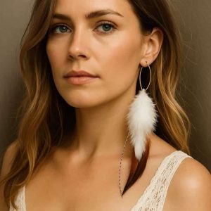 Boucles D’oreilles Plumes Naturelles – Créoles Femme Argent 925 30mm made in france