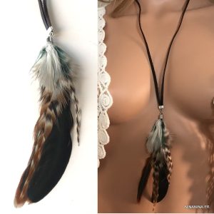 Collier en Plumes naturelles sur cordon cuir véritable fait main en france