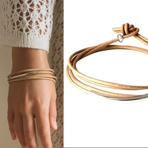 Bracelet Cordon Femme Tendance Cuir Enroulé Et perle cylindrique en Argent 925 Fait Main En France